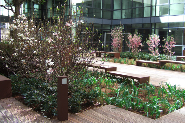 Patios et entr&eacute;e d'un immeuble de bureaux